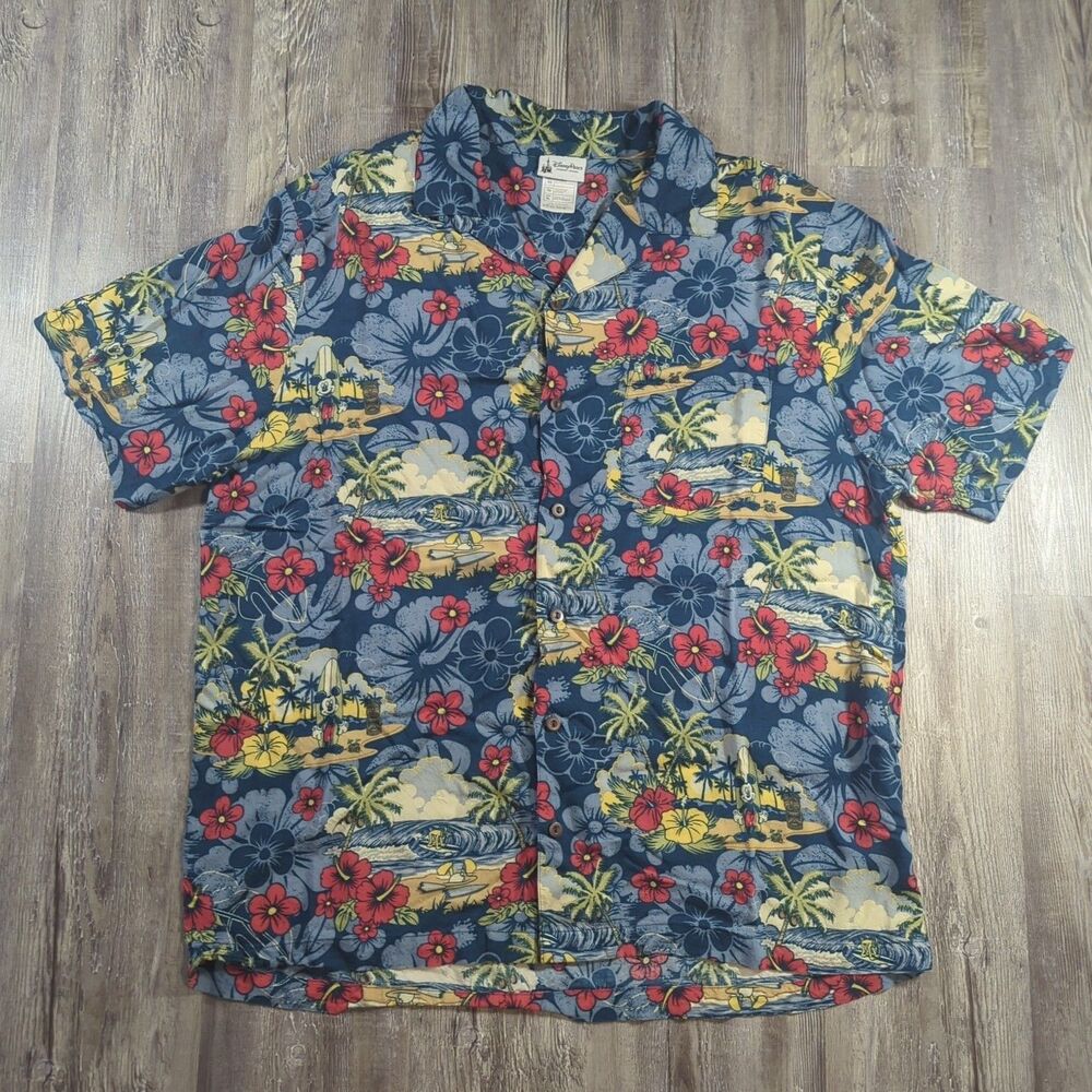 DISNEY PARKS Short Sleeve Hawaiian Floral Shirt Mickey Surfing Blue Men's XL